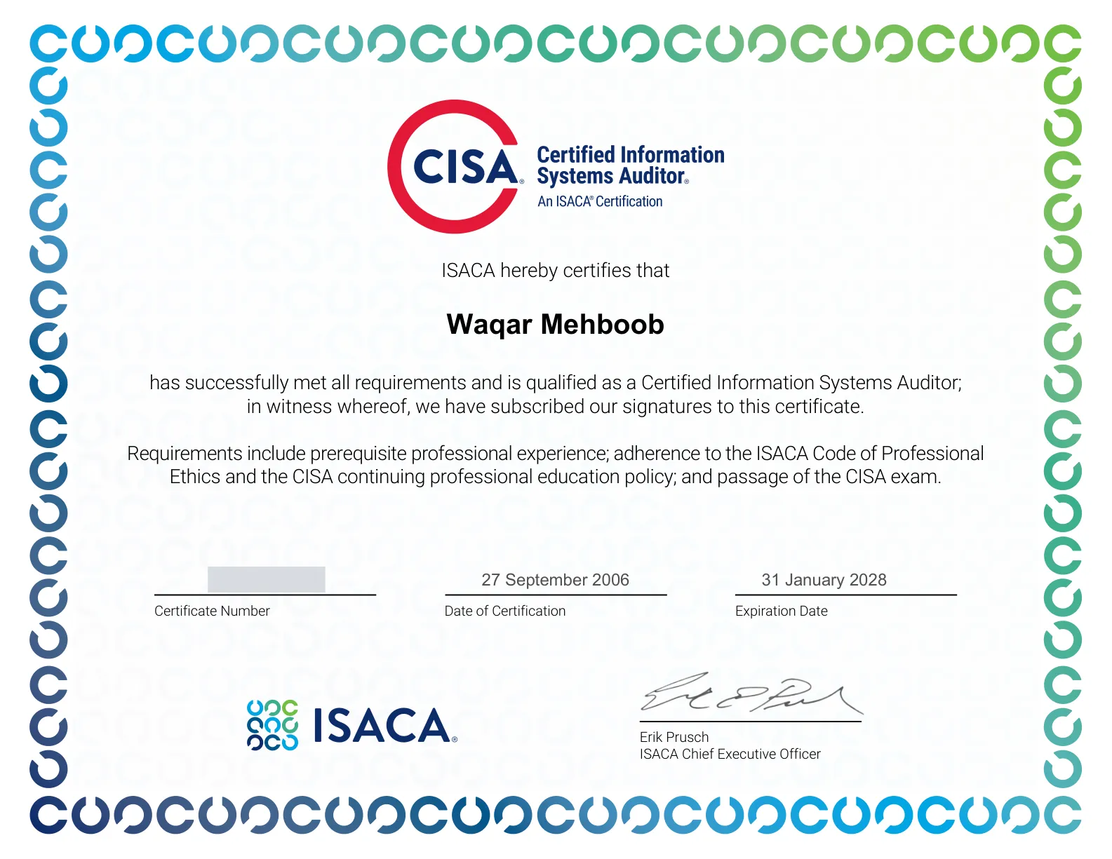 CISA certificate — Certified Information Systems Auditor