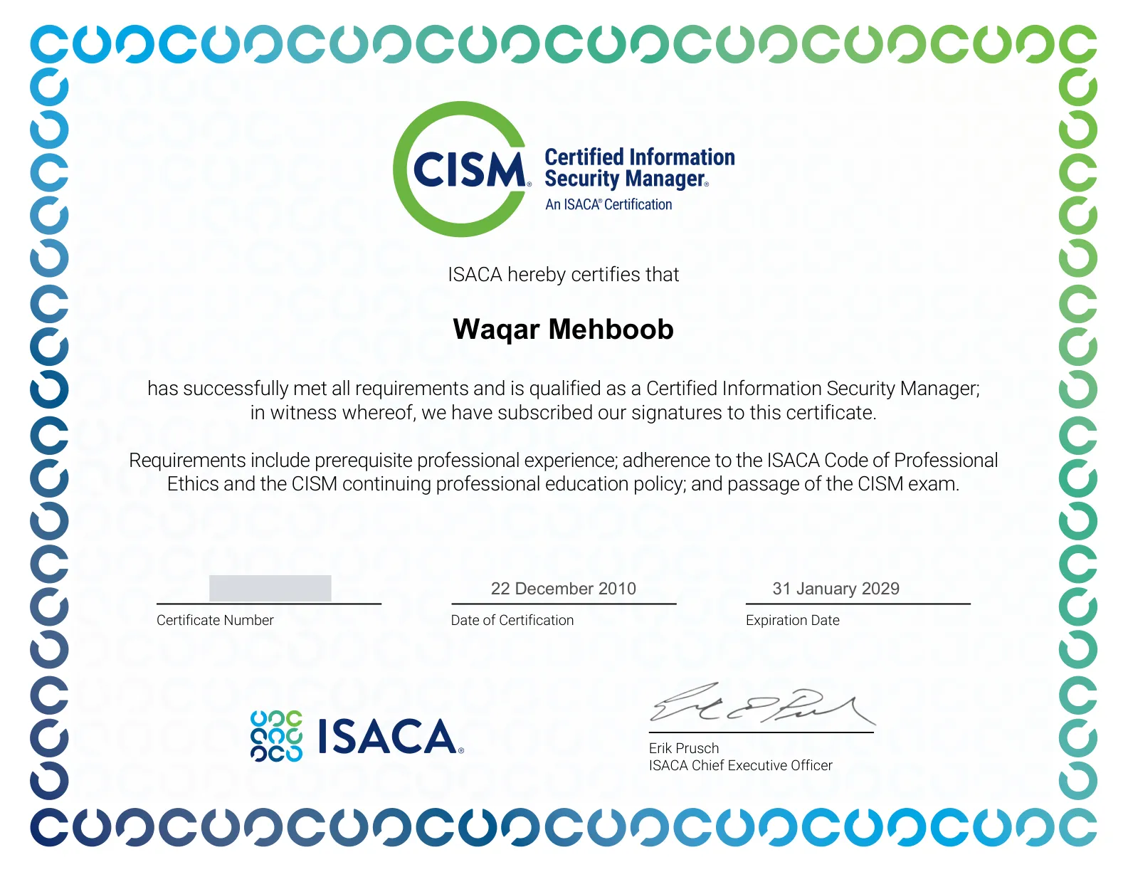 CISM certificate — Certified Information Security Manager